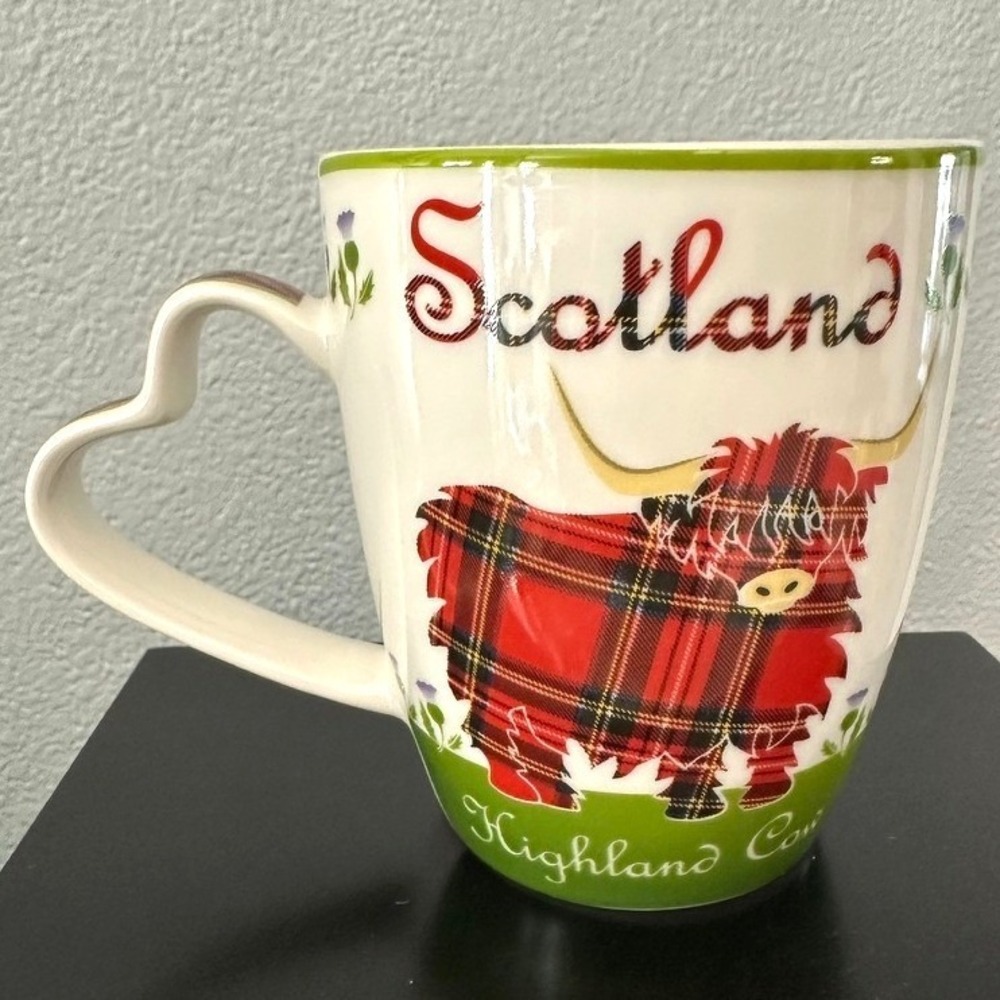 Clara Highland Cow Plaid Tartan Scotland Heart Handle Bone China Coffee Cup